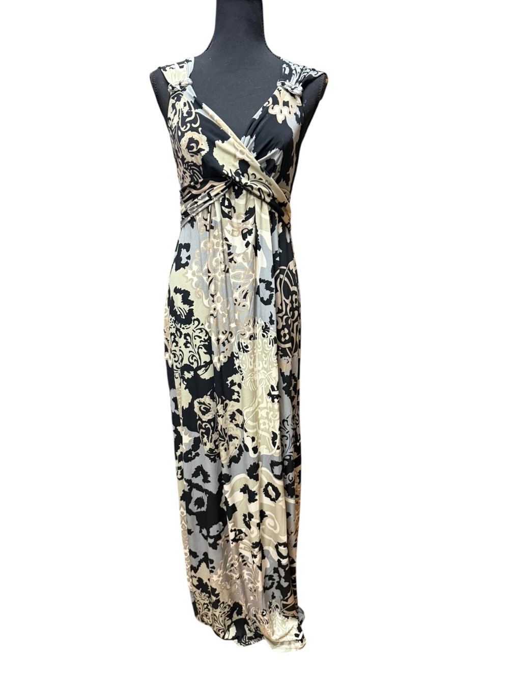 Hale Bob Black and Cream Printed Surplice Maxi Dress